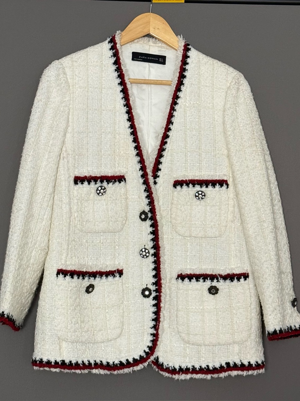 Zara Woman Tweed Bouclé Blazer Women M White Red Black Jeweled Preppy - Picture 2 of 10